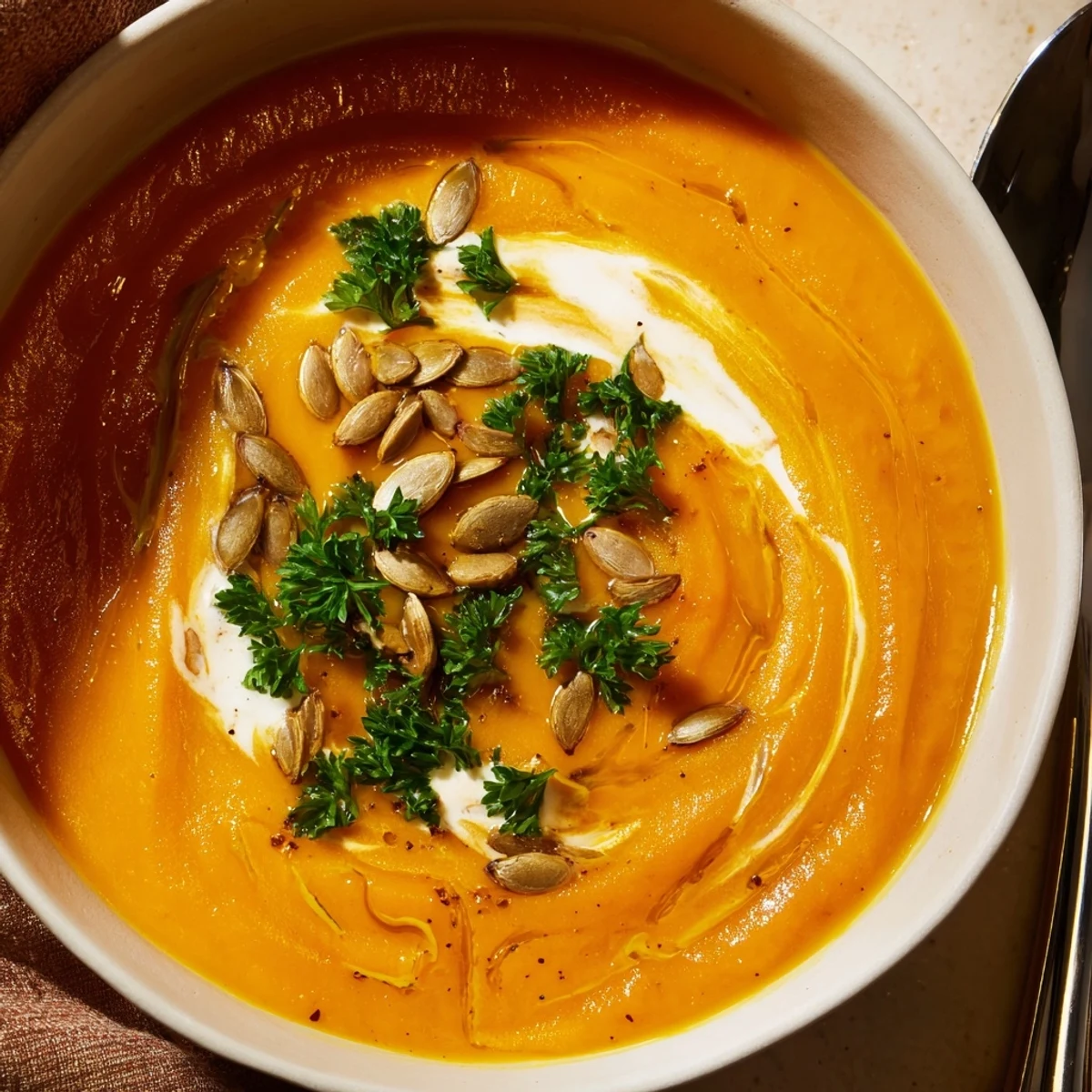 Cremige, würzige Roasted Pumpkin Soup serviert mit knusprigem Brot auf einem Tisch.  