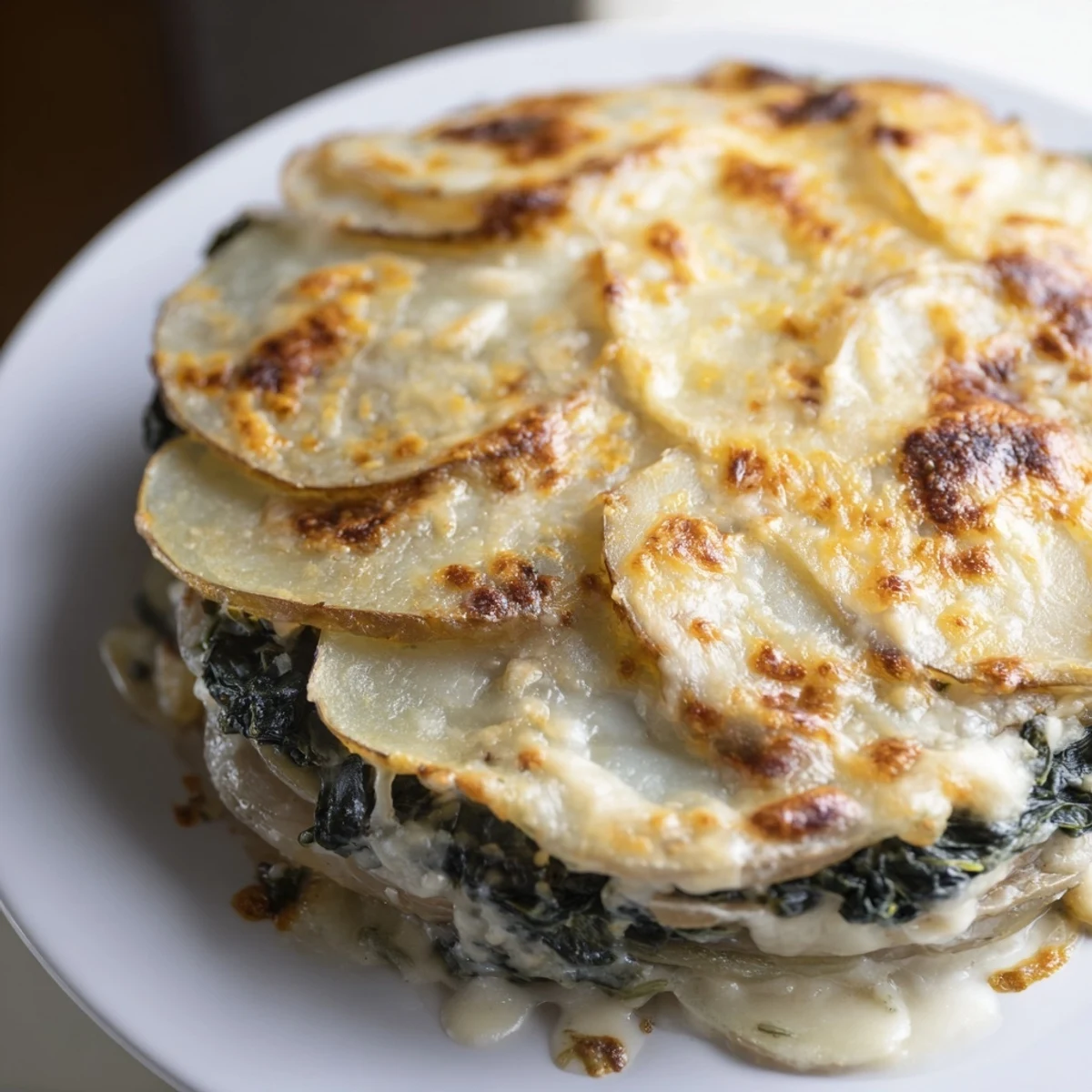 Ein Rezept für einen herzhaften Auflauf mit zarten Kartoffelschichten, cremigem Spinat und geschmolzenem Käse, perfekt für ein gemütliches Familienessen oder als Beilage.  