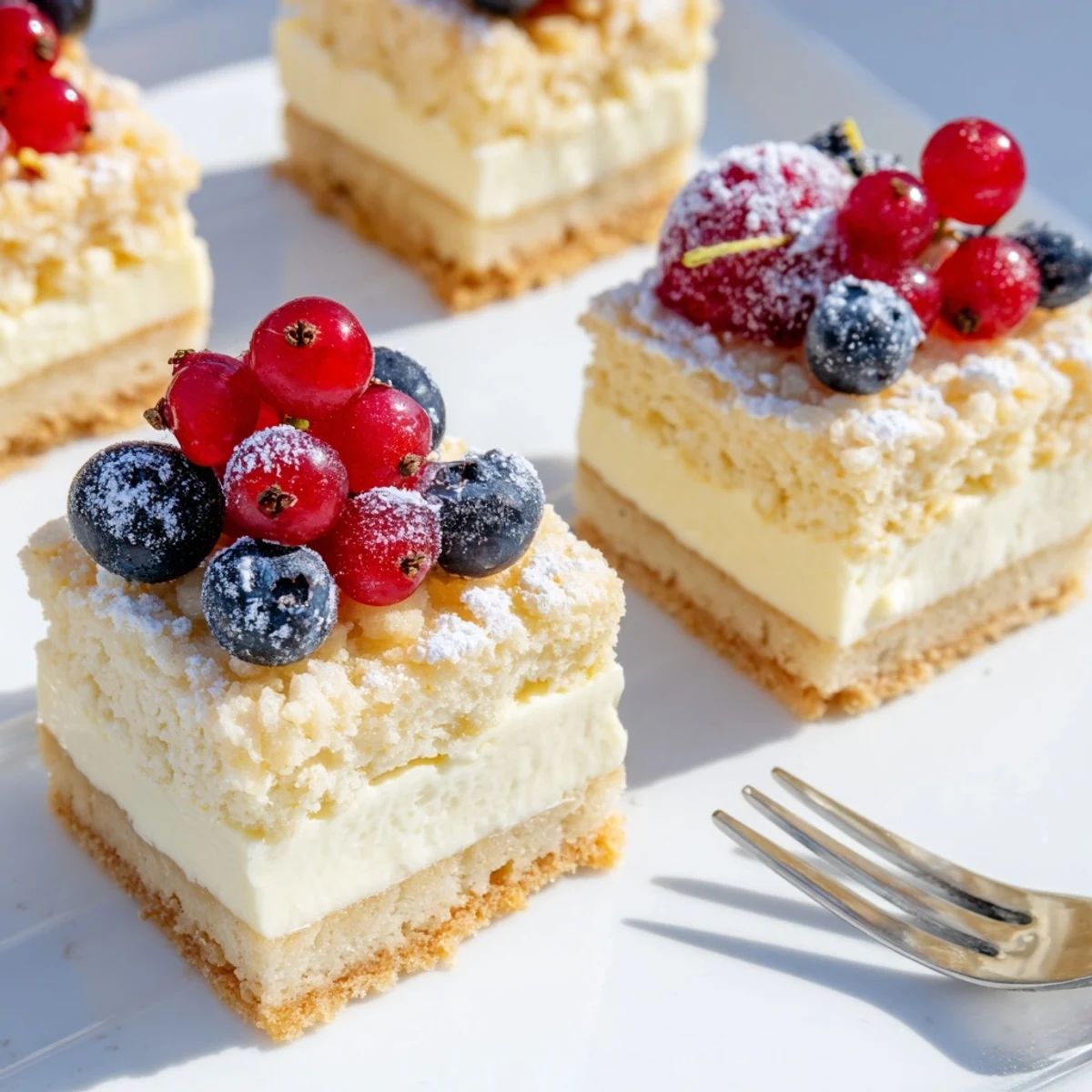 Köstliche Quark-Cheesecake-Bites auf einem knusprigen Keksboden, ideal für Feiern.  