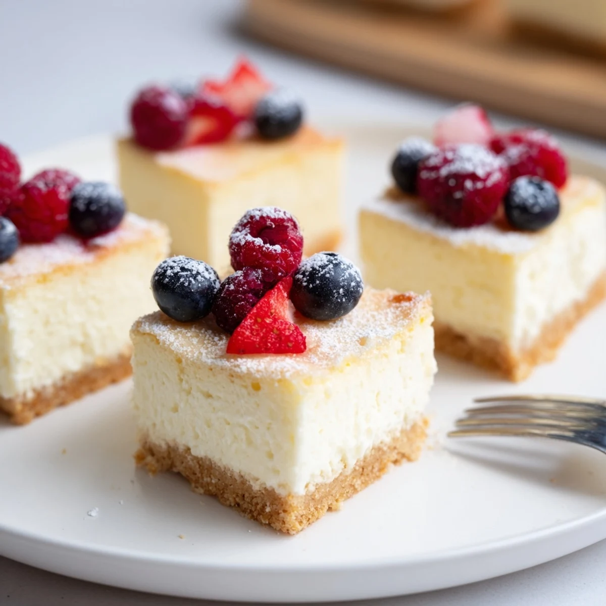 Cremige Quark-Cheesecake-Bites mit frischen Beeren und Puderzucker dekoriert.  