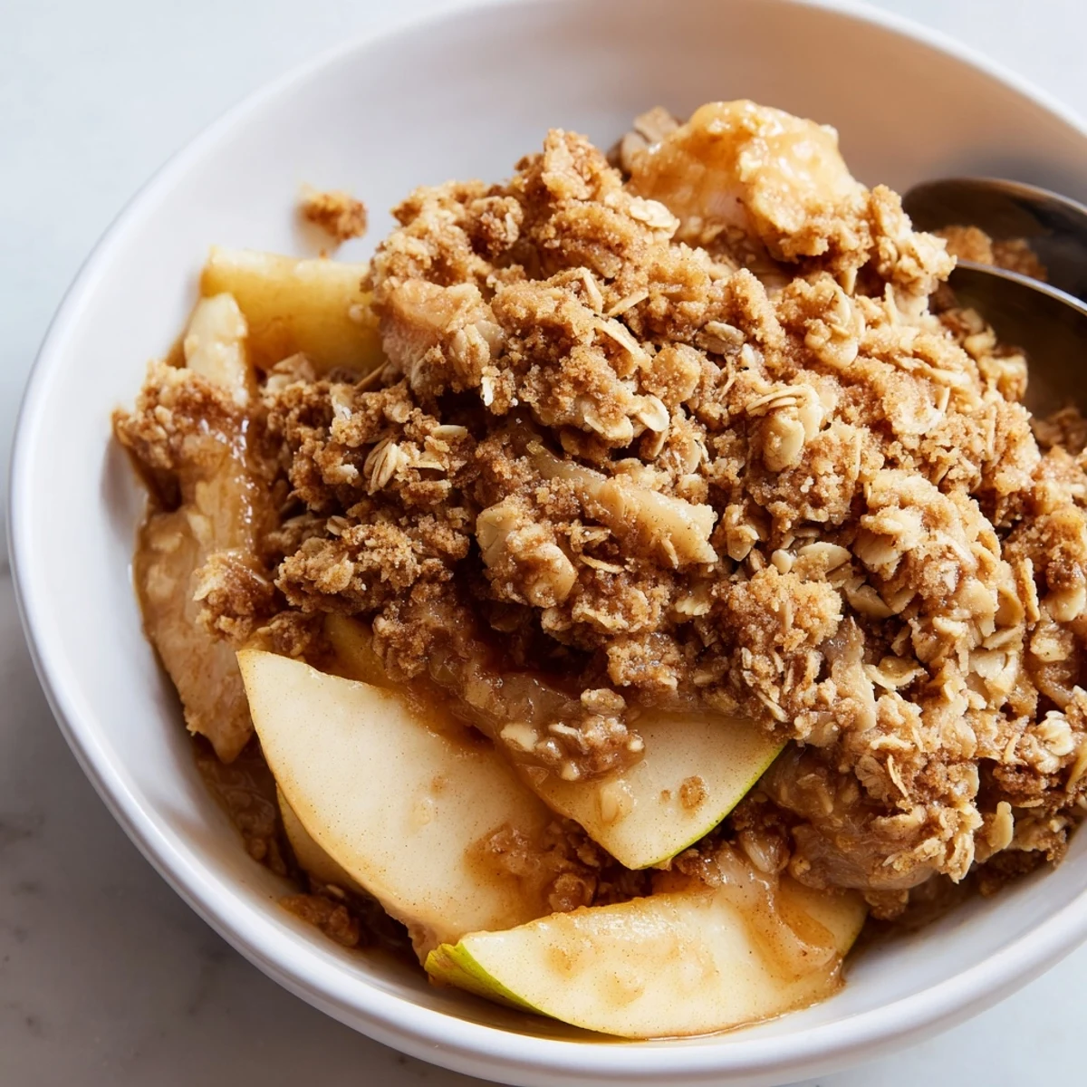 Apfel-Zimt-Crumble, ein warmes Dessert mit knusprigem Hafer-Topping und zarten Äpfeln.  