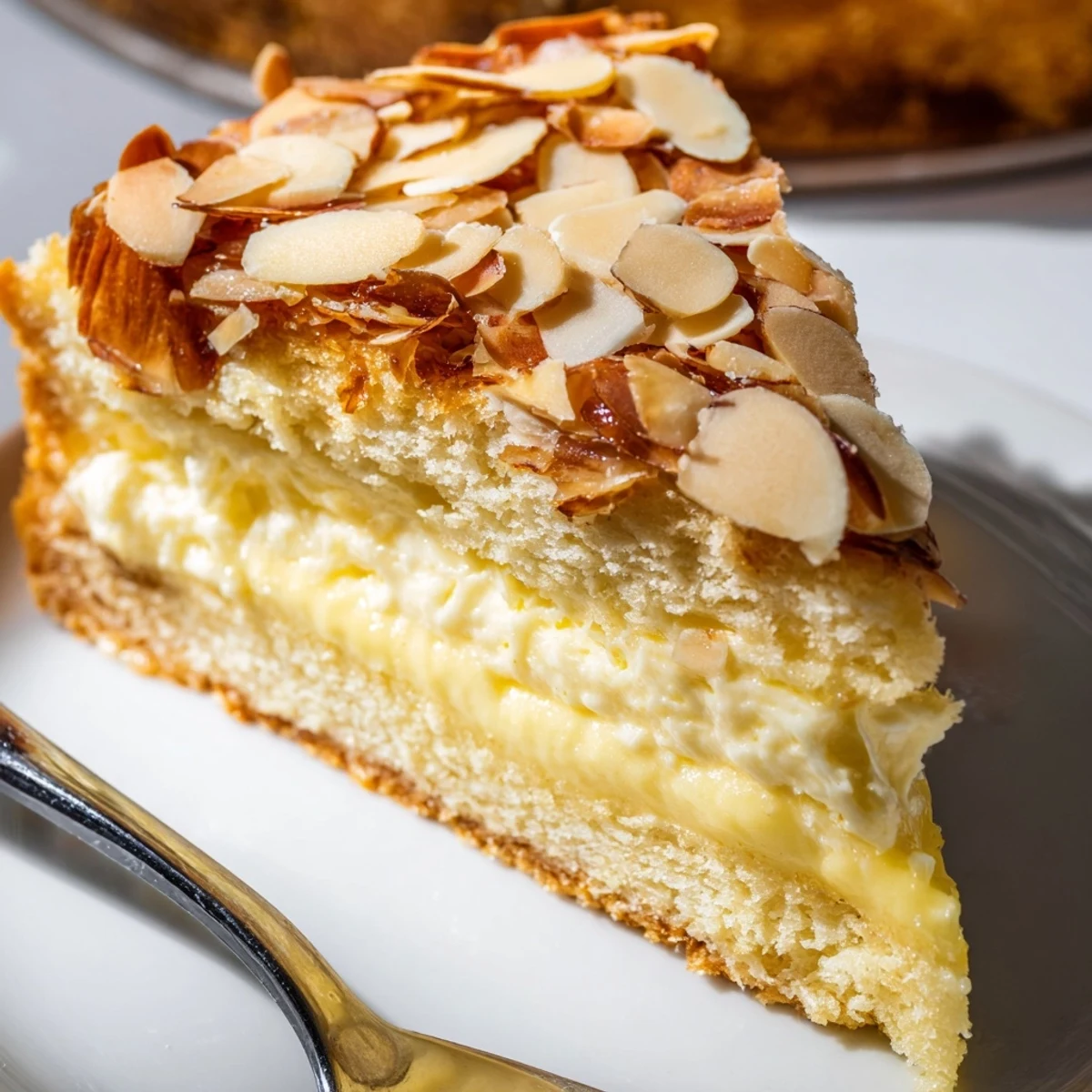 Bienenstichkuchen mit karamellisierten Mandeln, cremiger Füllung und goldbraunem Teig.