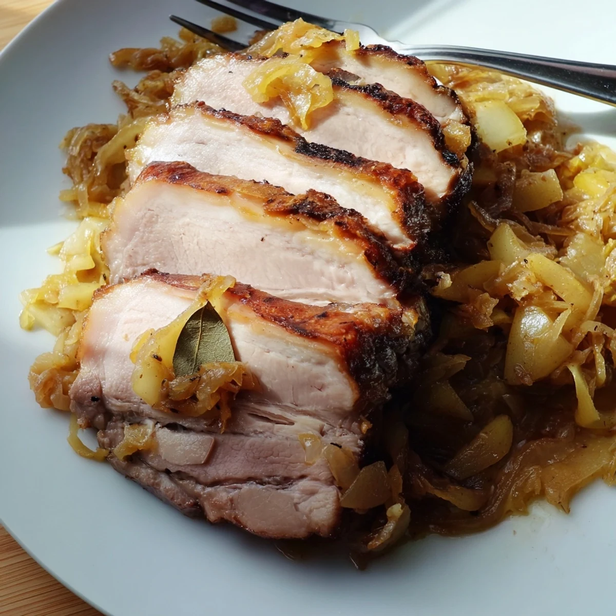 Zartes Roasted Pork serviert auf einer Grundlage aus aromatischem Sauerkraut und Äpfeln.