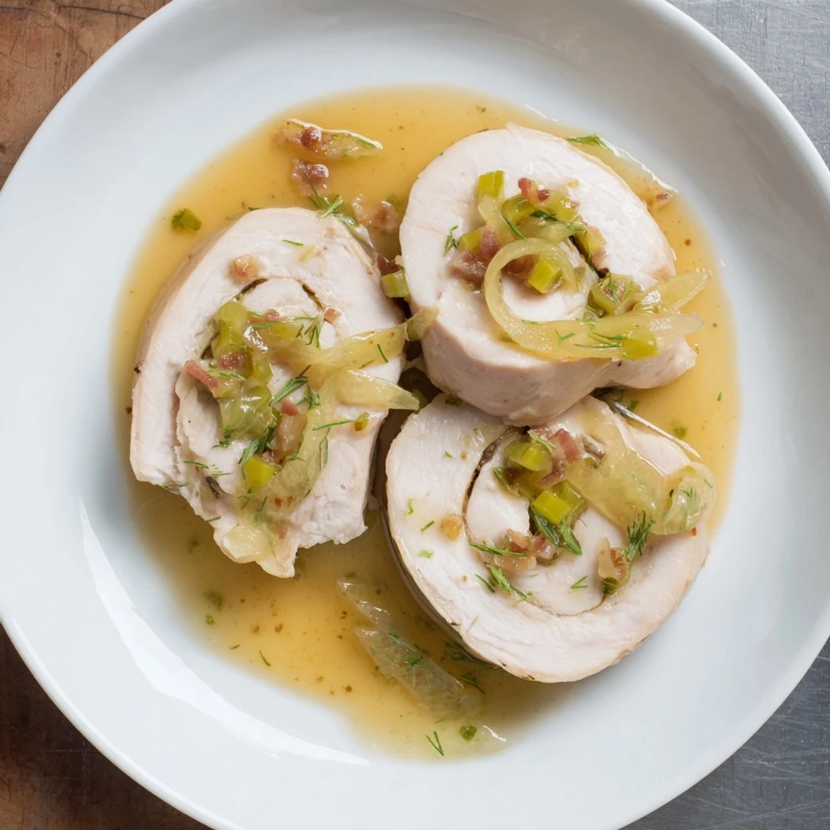 Savory Quick Chicken Rouladen Rolls, golden-brown, served with creamy sauce and dill pickles.