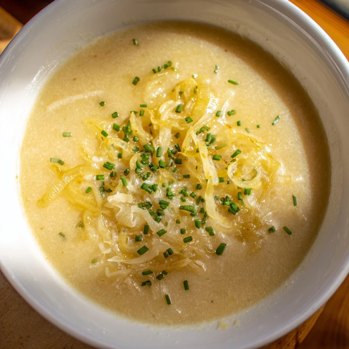 A steaming bowl of German Cheese and Onion Beer Soup, a hearty vegetarian meal option.