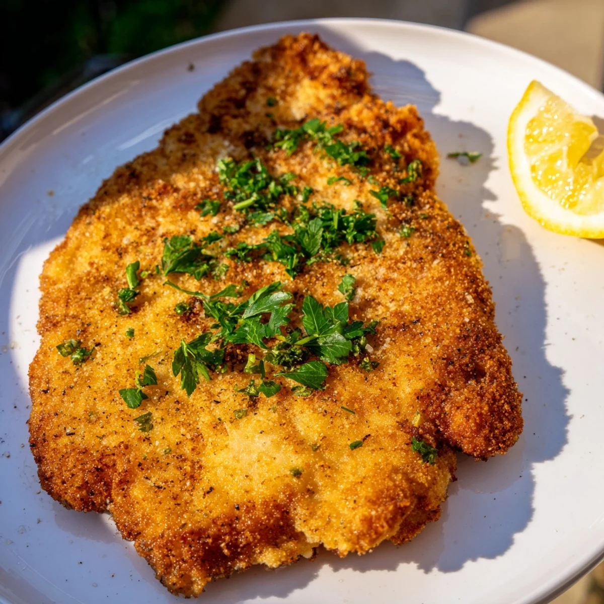 Golden brown Air Fryer Wiener Schnitzel sits on a plate, ready to be enjoyed with a lemon wedge.