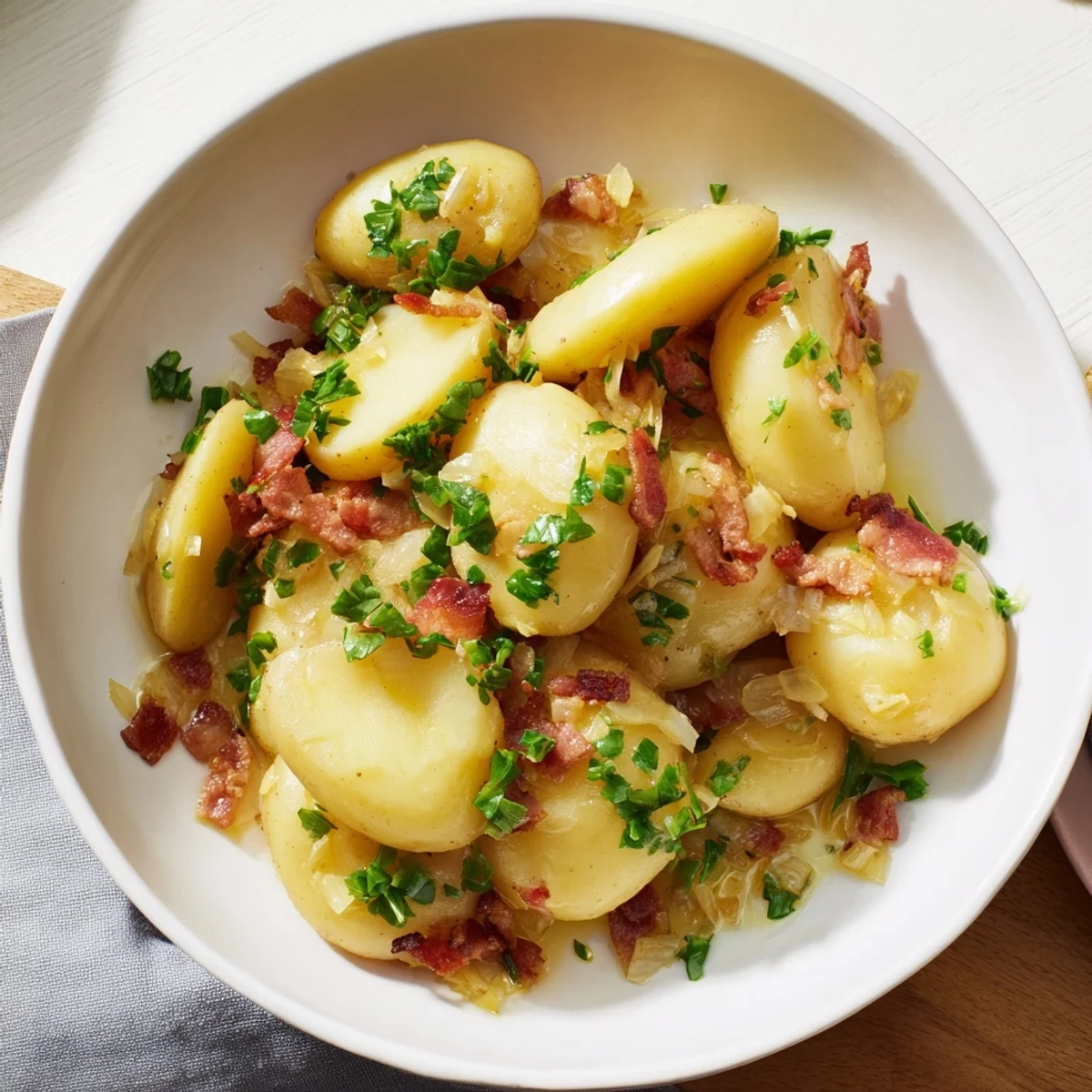 Tender potatoes in warm German Potato Salad, tossed in a smoky bacon vinaigrette, ready to serve.