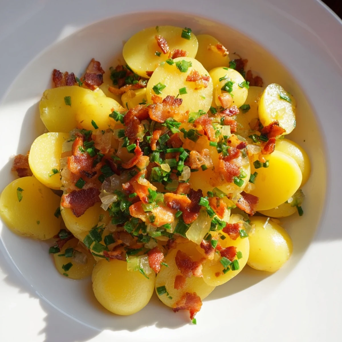 A close-up of a warm German Potato Salad glistening with bacon, perfect side dish.