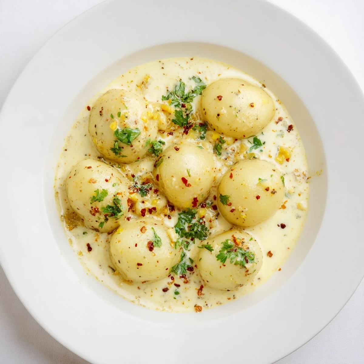 A beautiful bowl with Curry Comfort Potato Dumplings, showcasing the German-Asian fusion textures.