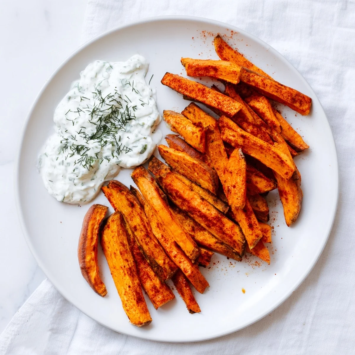 Golden-brown oven-baked sweet potato fries are served with a cool, creamy herbed yogurt dip for dipping.