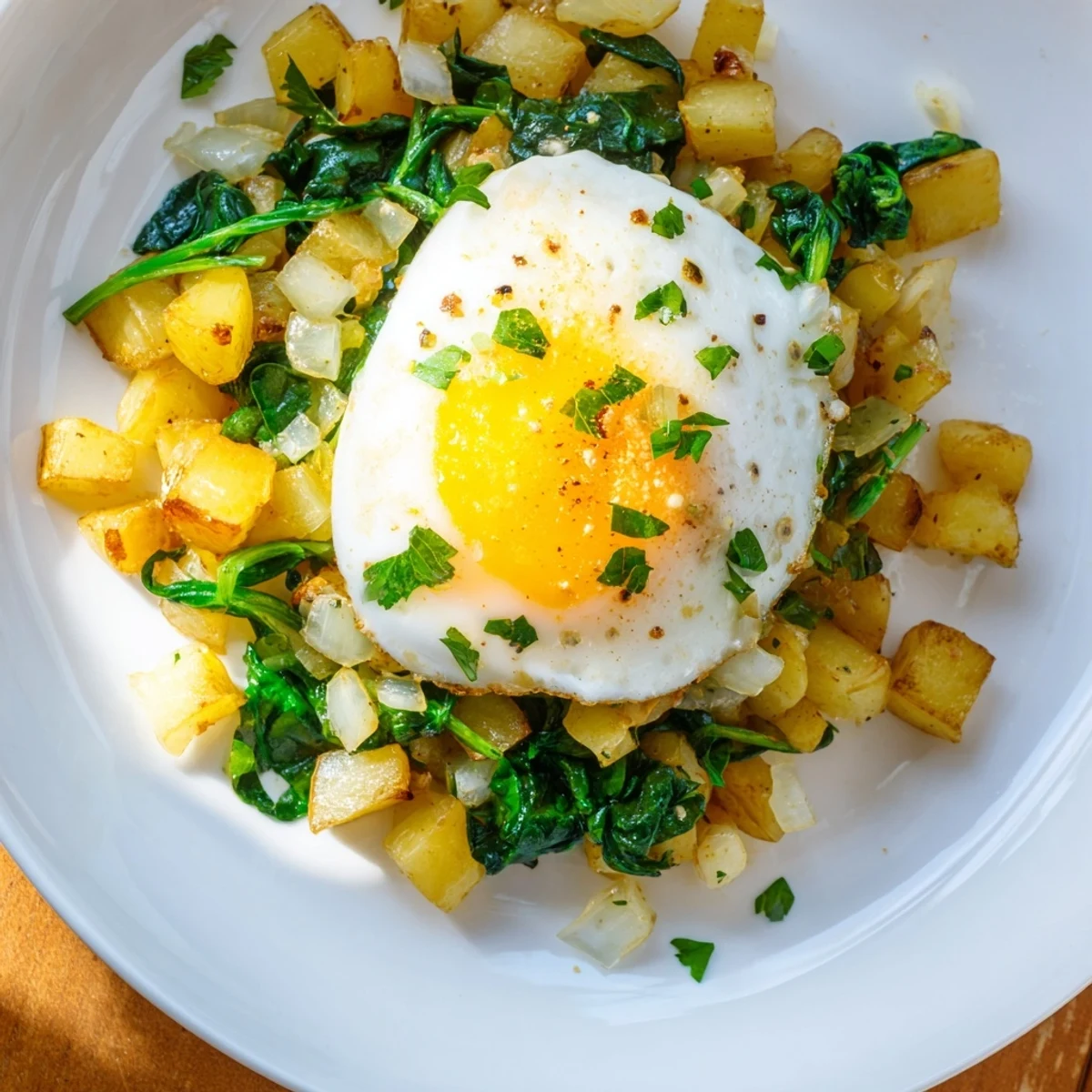 Savory Spinach and Potato Skillet, a vegetarian delight, with a creamy egg on top.