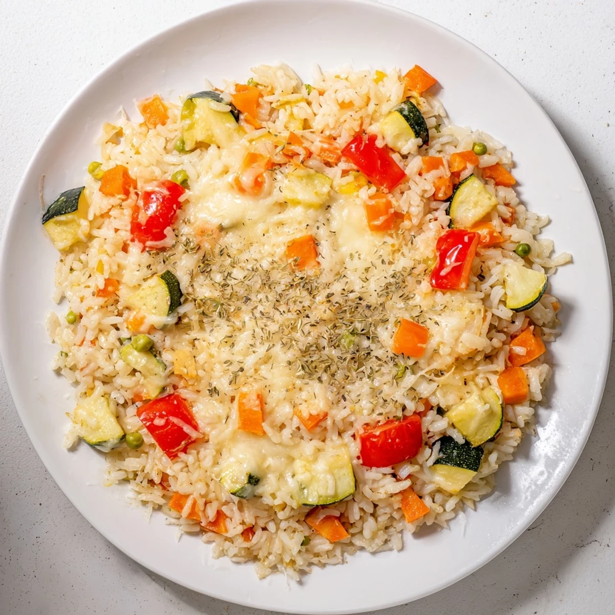 Golden, bubbly Oven-Baked Rice with Vegetables & Cheese, a family-friendly vegetarian dinner option.