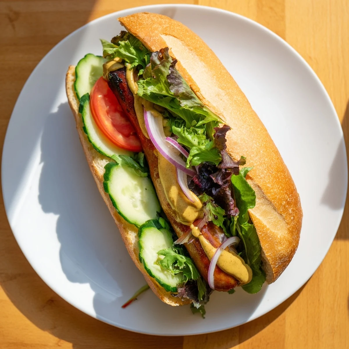 Grilled bratwurst in baguette with vibrant salad and mustard, perfect for a summer cookout.