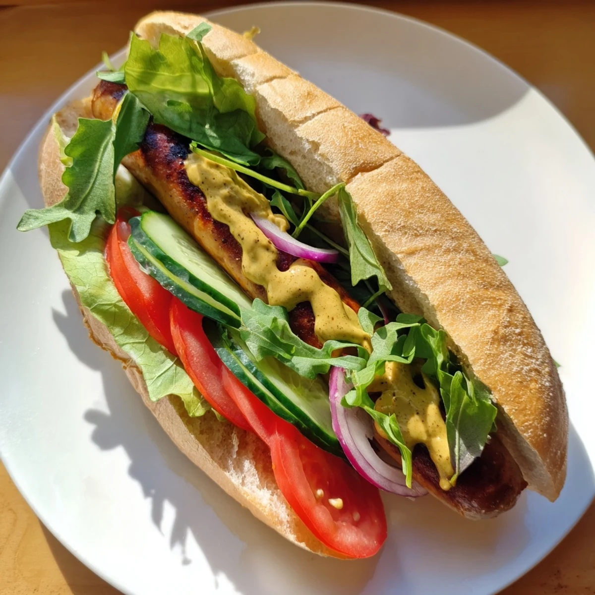 A close-up of a juicy bratwurst in baguette with crunchy salad and spicy mustard, ready to enjoy.