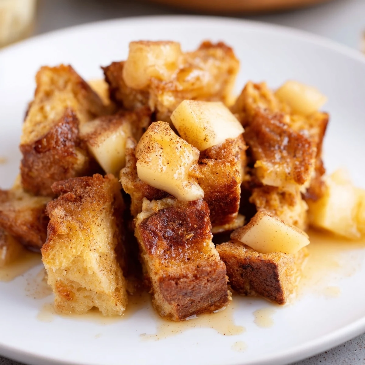Homemade bread pudding with apples and cinnamon, served warm, promising comforting flavors and delicious textures.