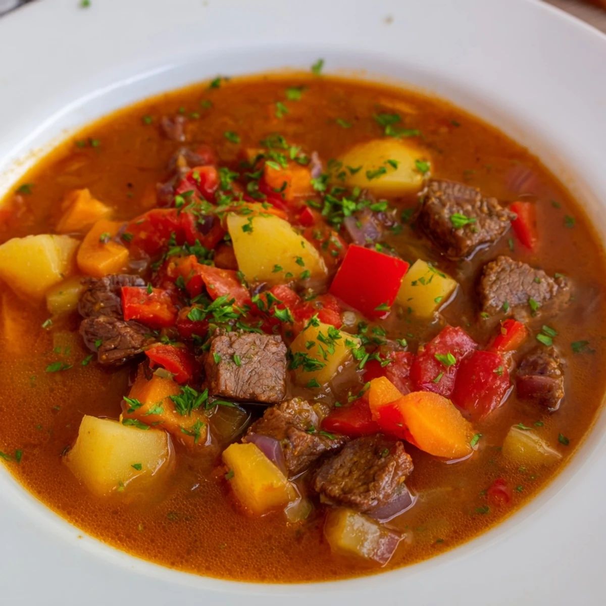 Close-up of hearty Goulash Soup, showcasing chunks of beef and colorful peppers ready to enjoy.