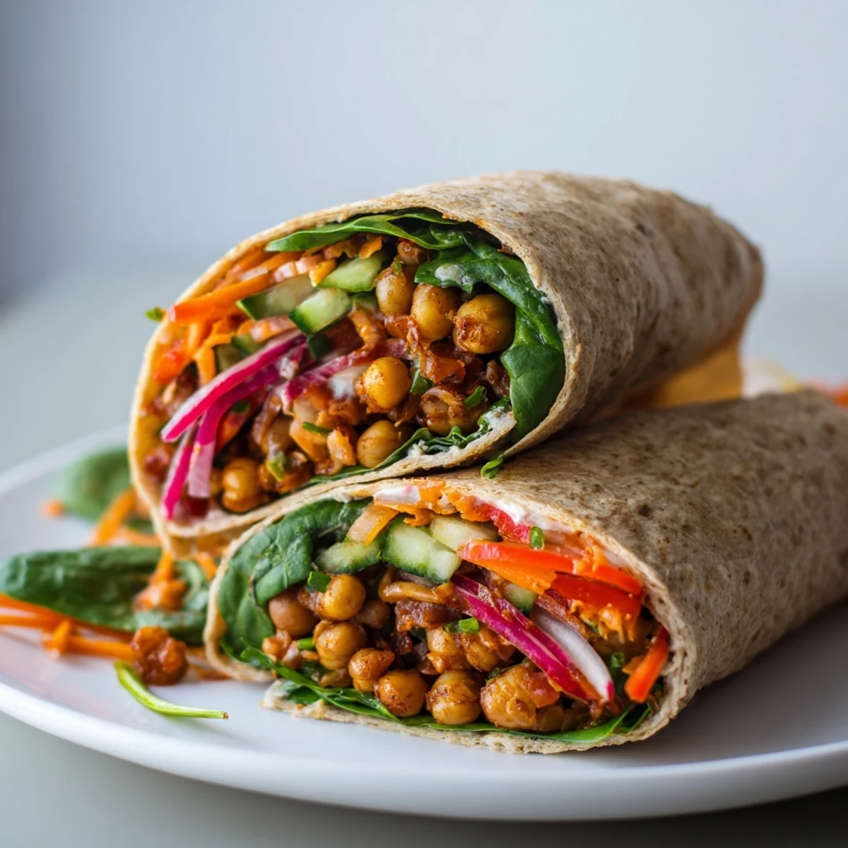 Enjoy a delicious Chickpea & Vegetable Wrap; a healthy lunch with spiced chickpeas and cool vegetables!