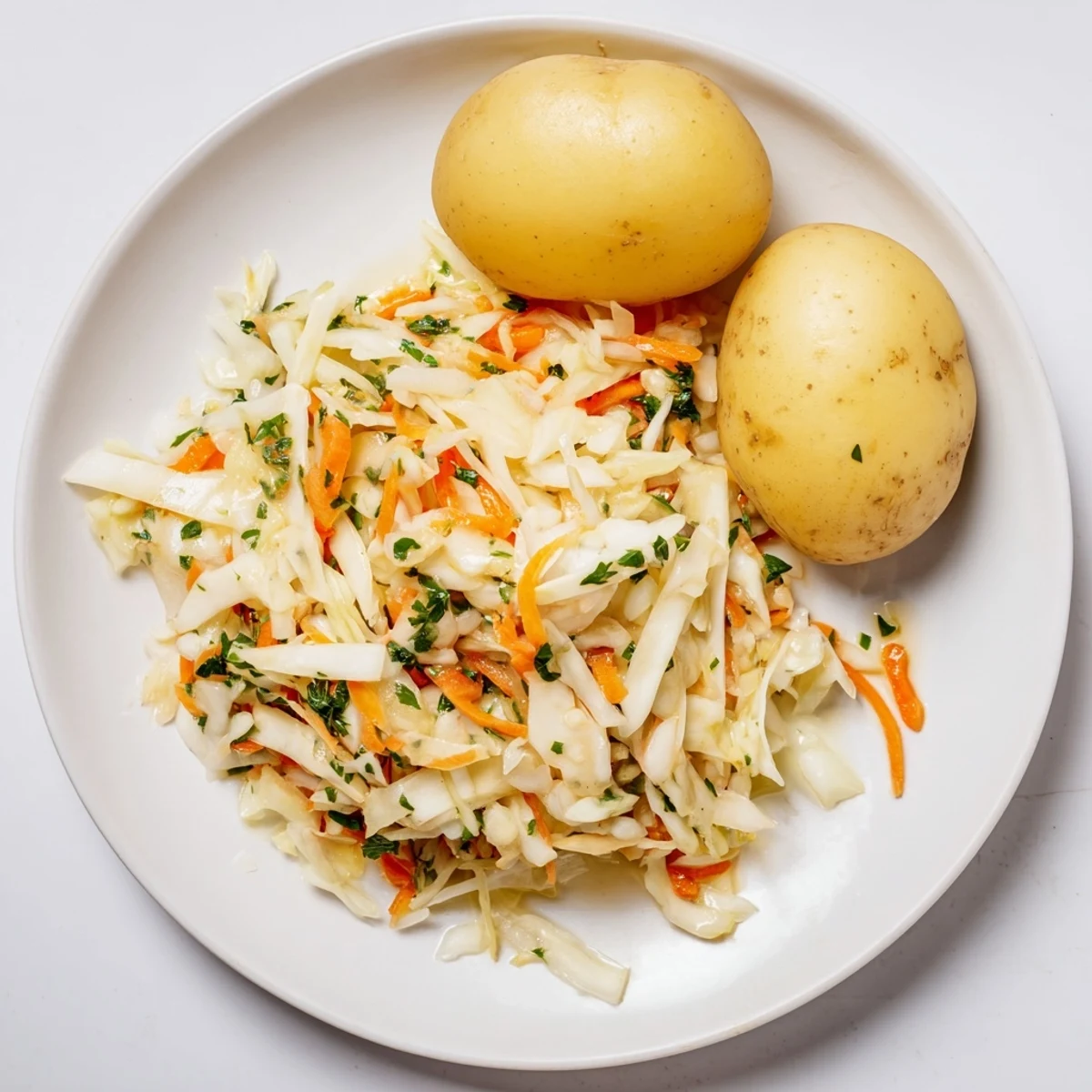 Warm, earthy Pellkartoffeln with the crisp bite of savory Krautsalat, a delightful vegetarian German meal.