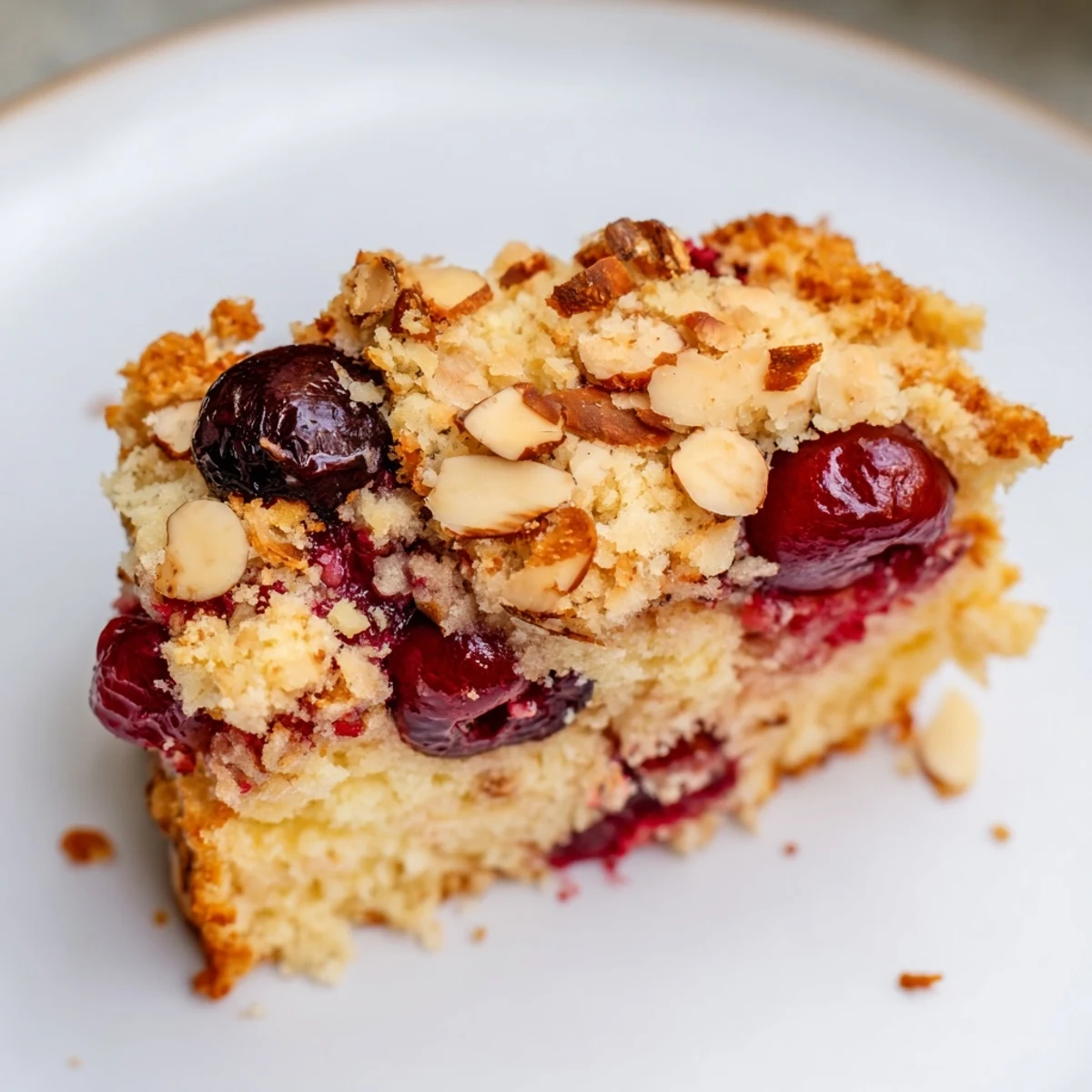 Golden streusel tops a slice of Classic Firefighter Cake, a German dessert with juicy cherries.