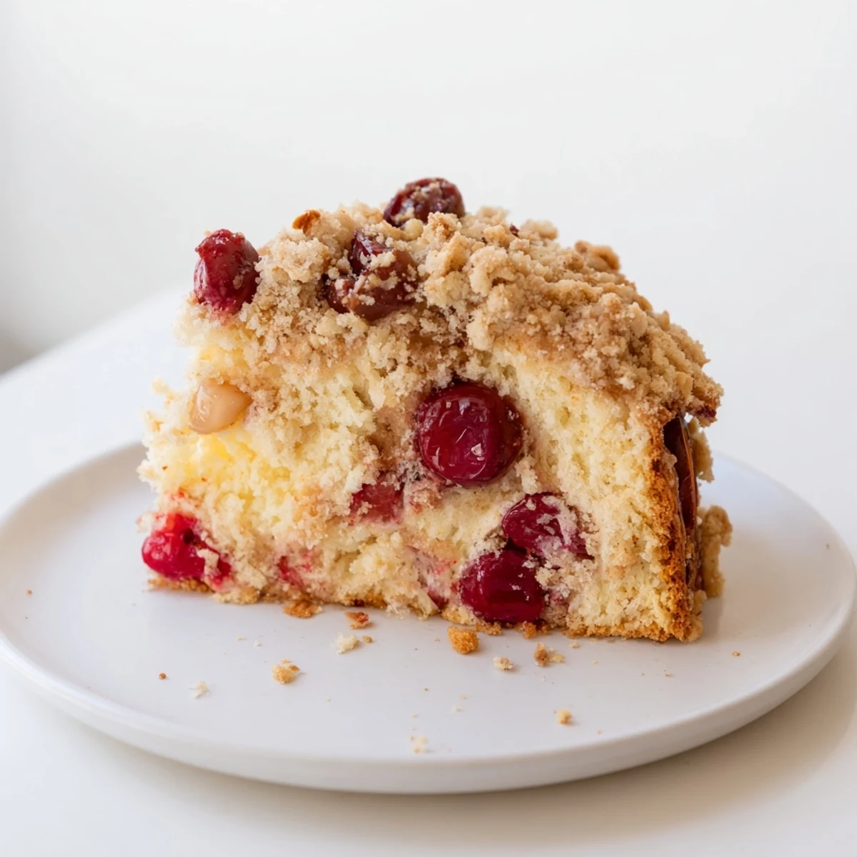 A close-up of a freshly baked Classic Firefighter Cake, showing the almond streusel and cherries.