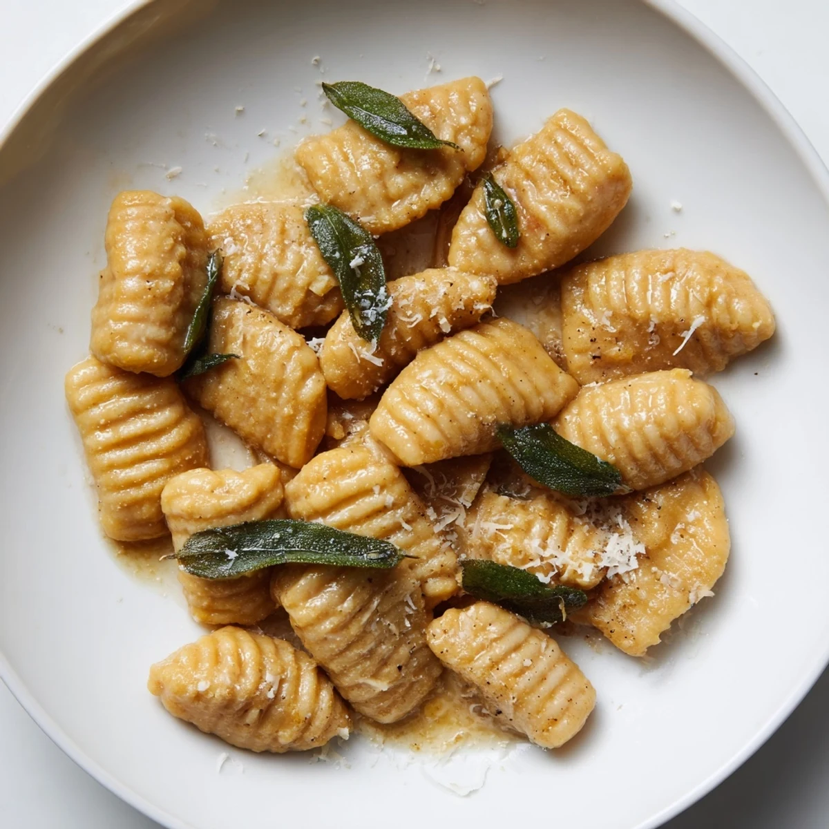 Golden-brown butternut squash gnocchi swimming in rich brown butter sauce with crispy sage.