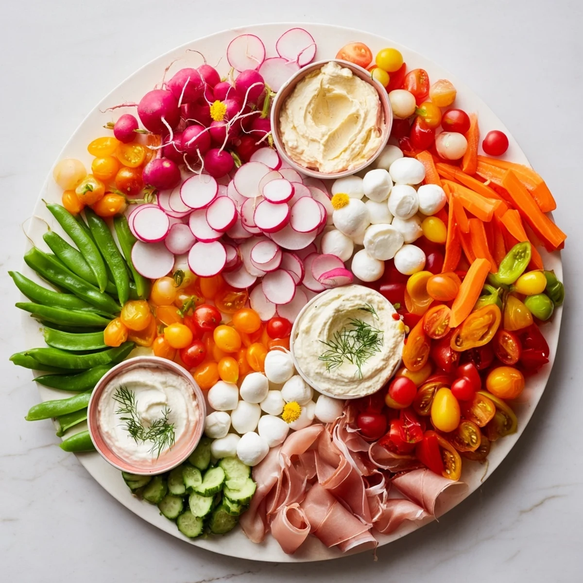 Spring Wreath Appetizer Platter arranged with colorful vegetables, cheeses, and dips to serve.