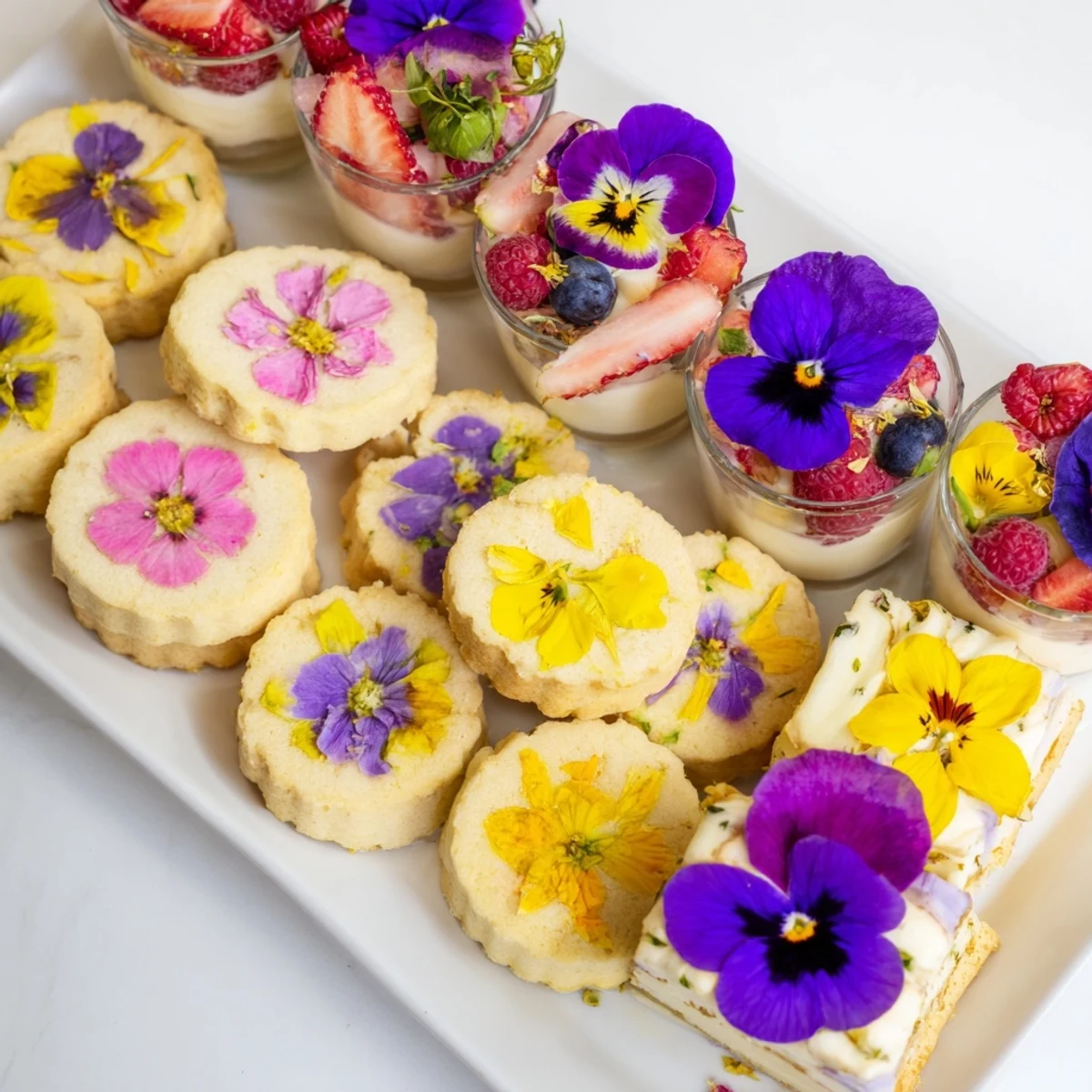 Vibrant Spring Flower Dessert Tray features shortbread, mini cakes, and parfaits, decorated with fresh blooms.