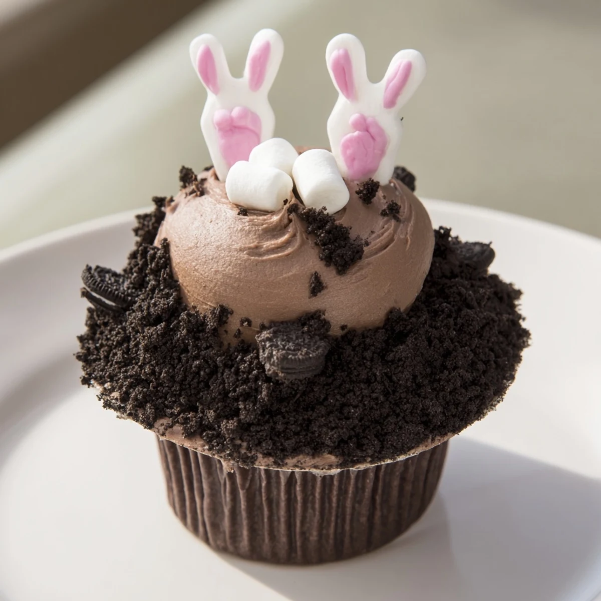 Adorable, whimsical Bunny Burrow Cupcake Tray showcased with chocolate frosting and fondant bunny feet.