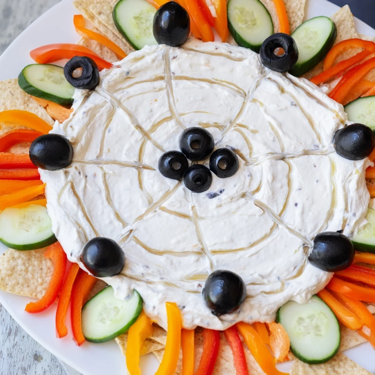 Enjoy this spooktacular Creepy Crawly Spiderweb Platter: a festive Halloween appetizer with olives and veggies.