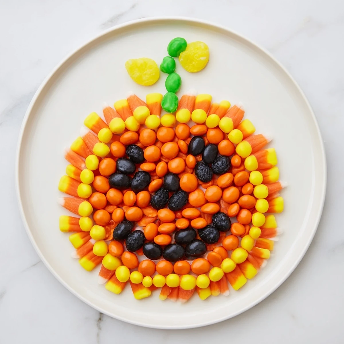 Halloween delight: this Jack-o-Lantern Candy Board features orange, green, and black candies arranged beautifully.