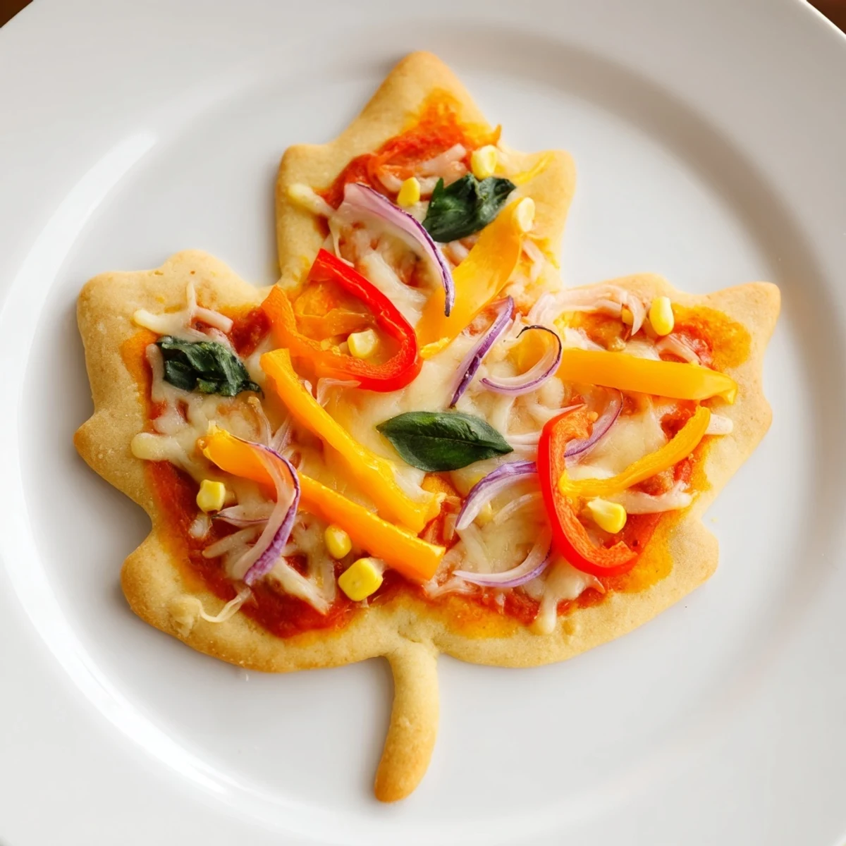 Colorful Fall Foliage Maple Leaf Mini Pizzas, showing off autumn vegetables and a sweet maple glaze.