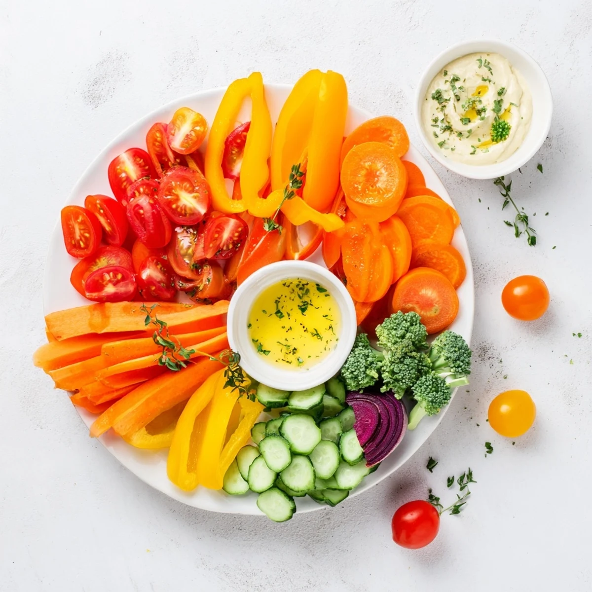 A vibrant platter displays colorful Rainbow Vegetable Dips, perfect for a healthy appetizer.