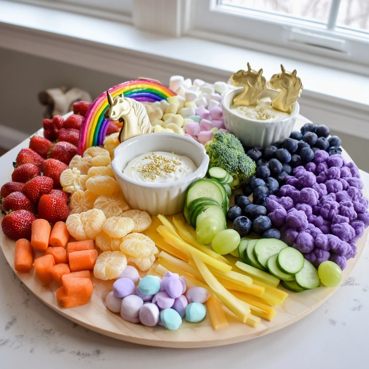 Colorful Magical Unicorn Rainbow Snack Board, filled with fresh fruits and veggies for a festive party.