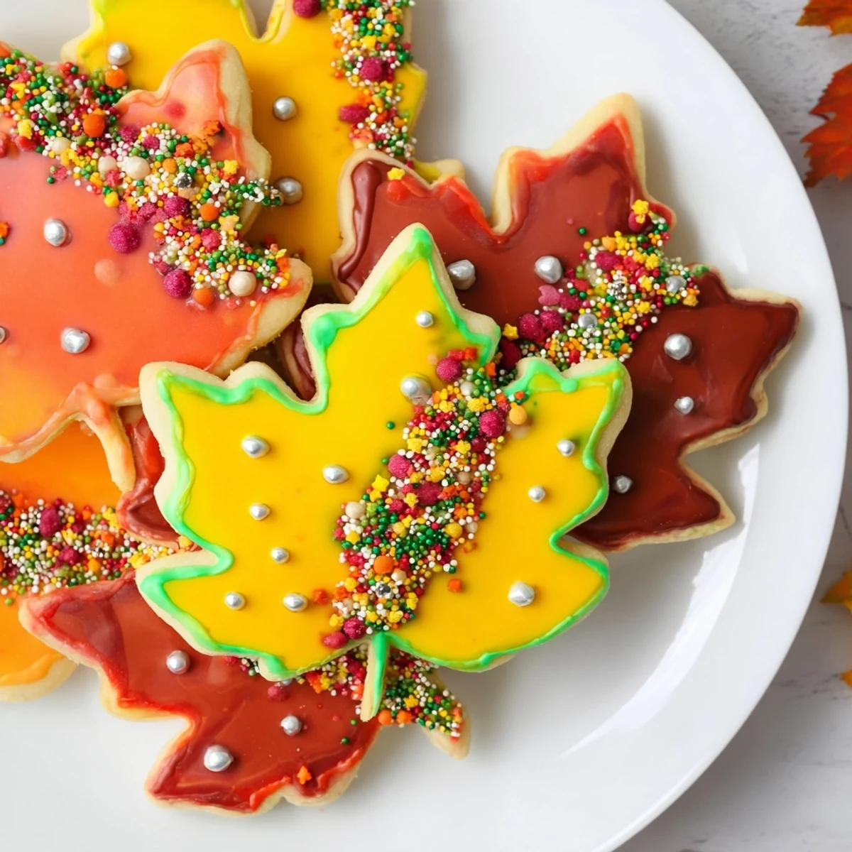Freshly decorated maple leaf cookies, a delicious autumn treat using the maple leaf cookie decorating kit.