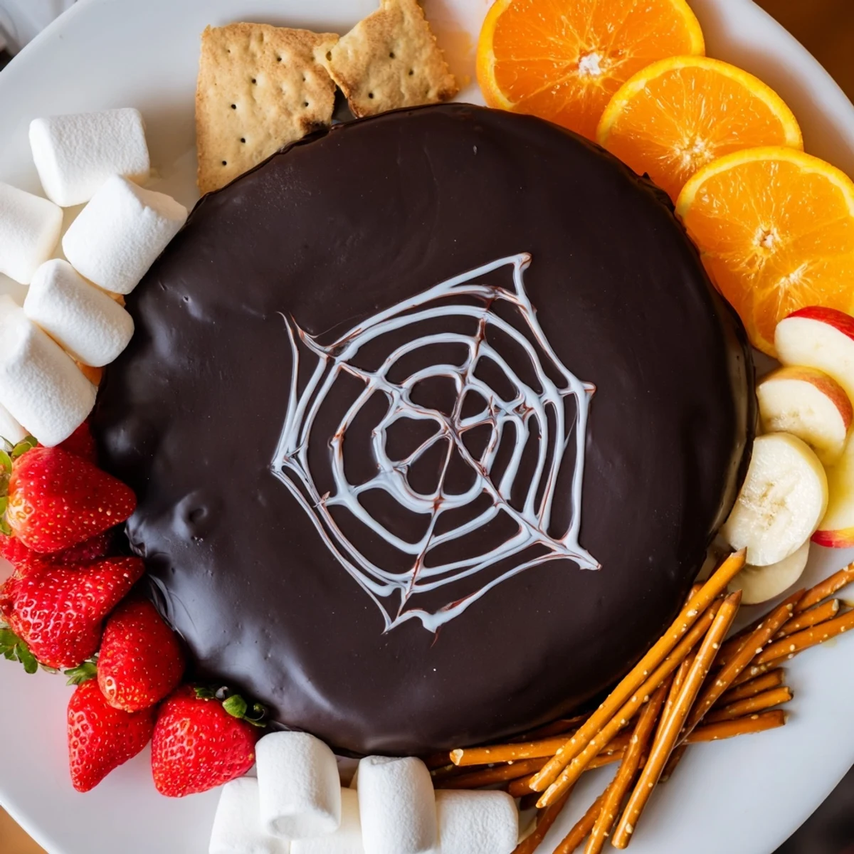 Rich and decadent Spiderweb Chocolate Ganache Board, perfect for dipping fresh fruit and cookies on Halloween.