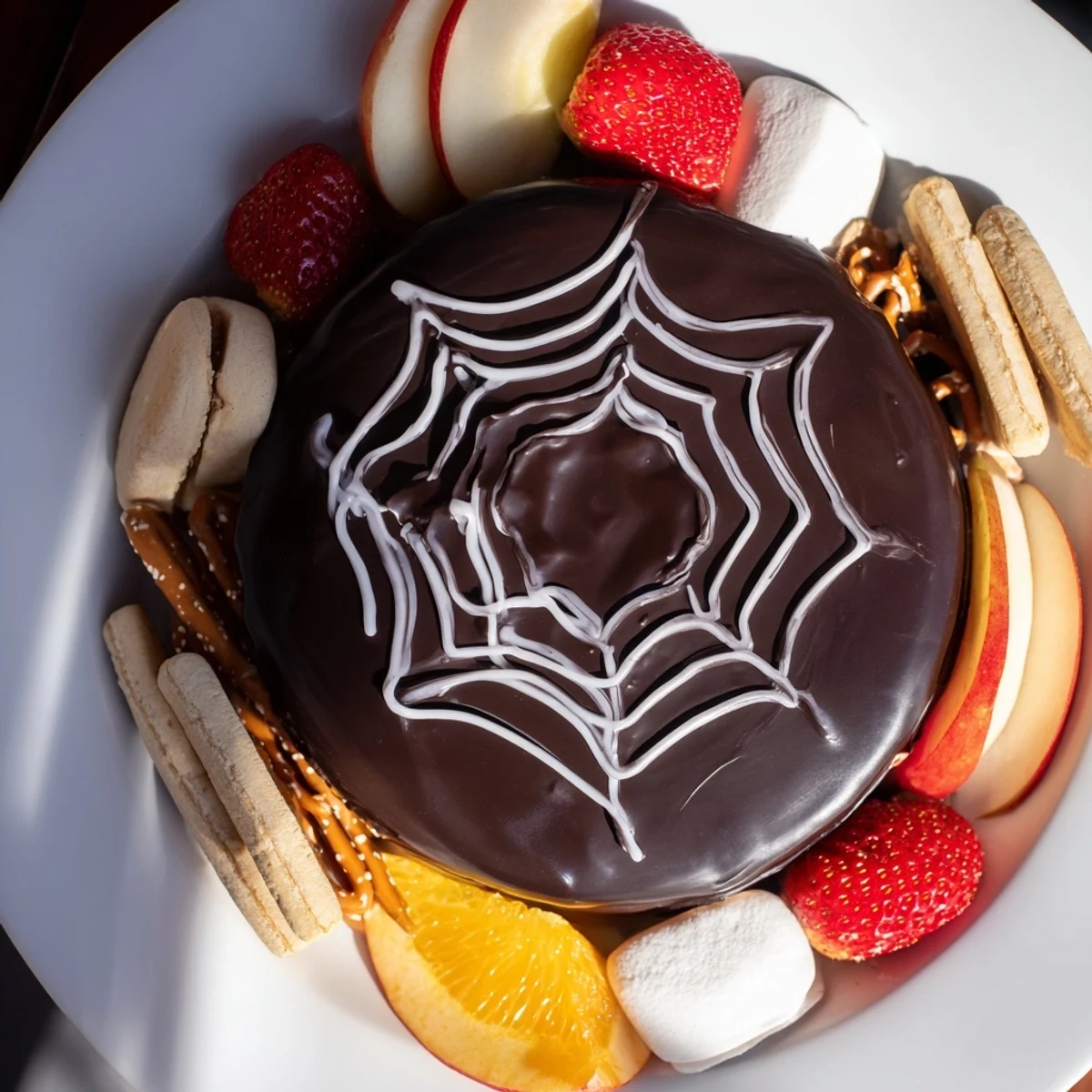 Enjoy this easy-to-create Spiderweb Chocolate Ganache Board with sweet dippers, an unforgettable Halloween dessert.