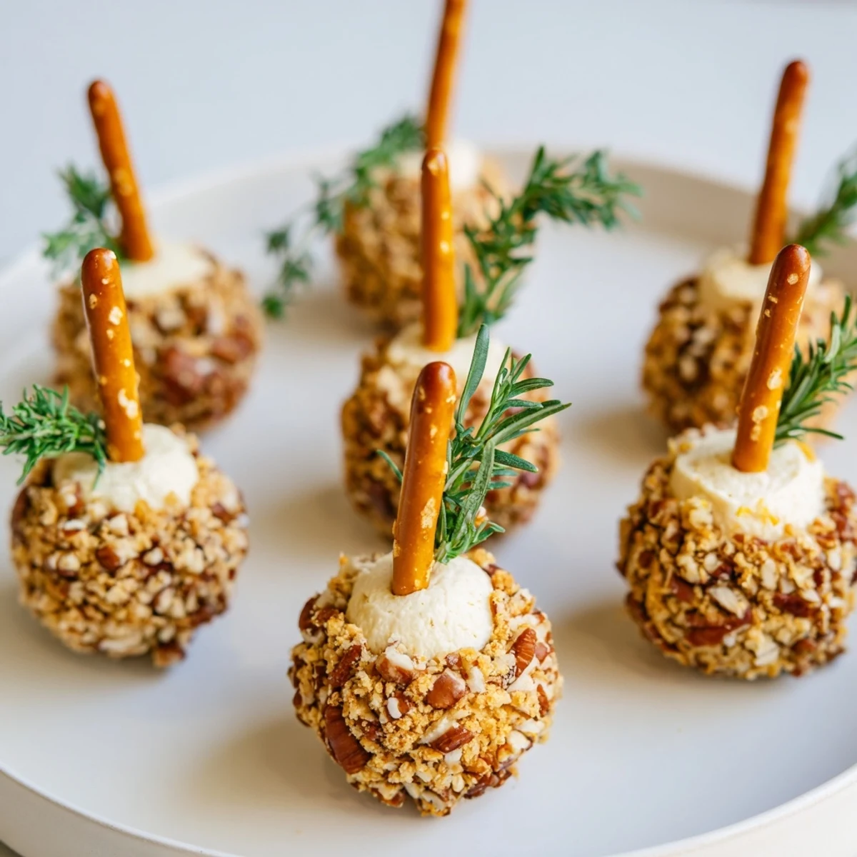 Savory acorn-shaped cheese ball bites, coated in nuts and herbs, ready for a fall appetizer tray.