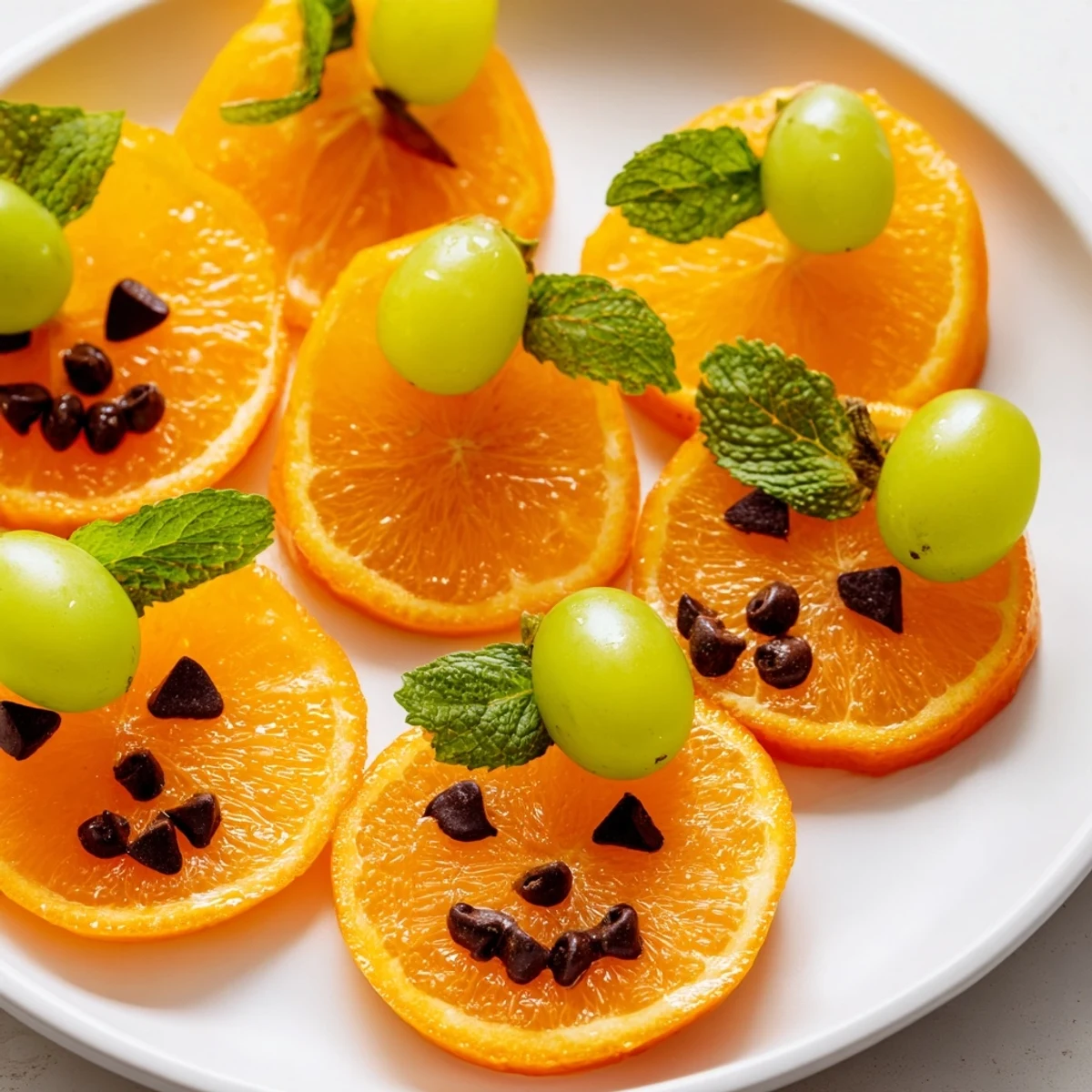 Vibrant arrangement of Pumpkin Patch Orange Slices, a fun Halloween dessert, garnished with mint.