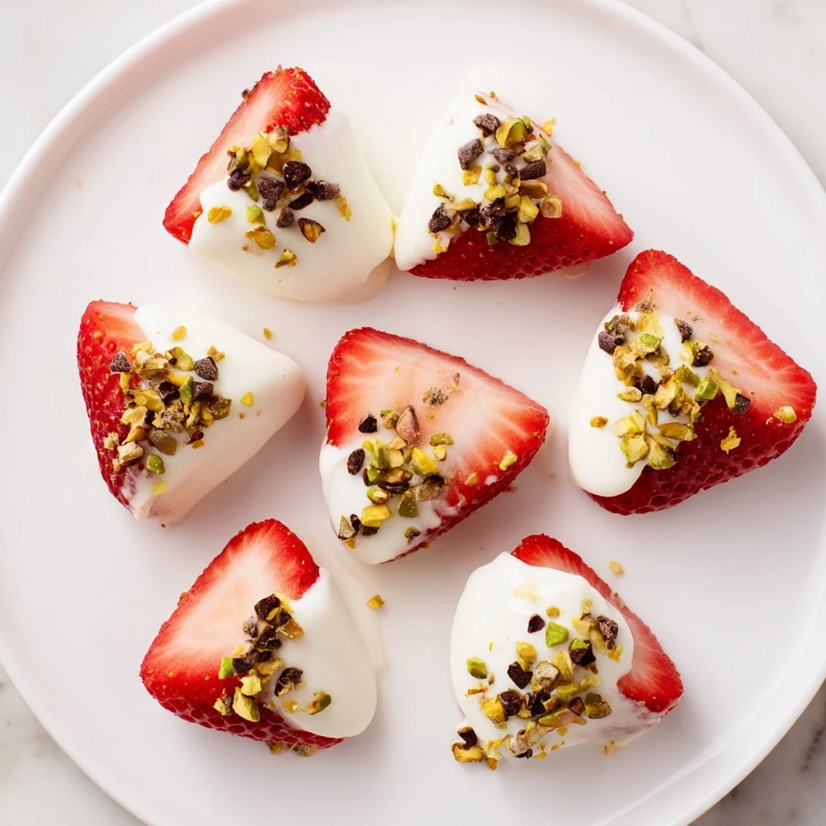 Frozen yogurt-dipped strawberry half-circles with toppings, a step-by-step easy recipe idea.
