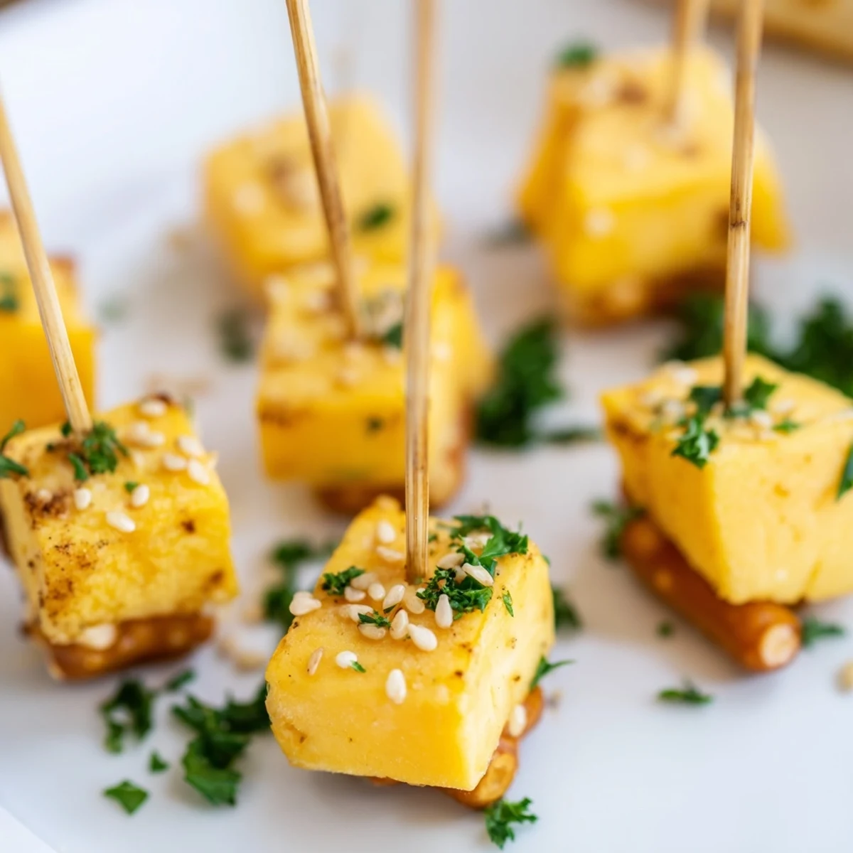 Schmackhafte NYE-Käse-Sparkler mit Cheddar-Würfeln und knusprigen Salzstangen, ein toller New-Year-Snack.
