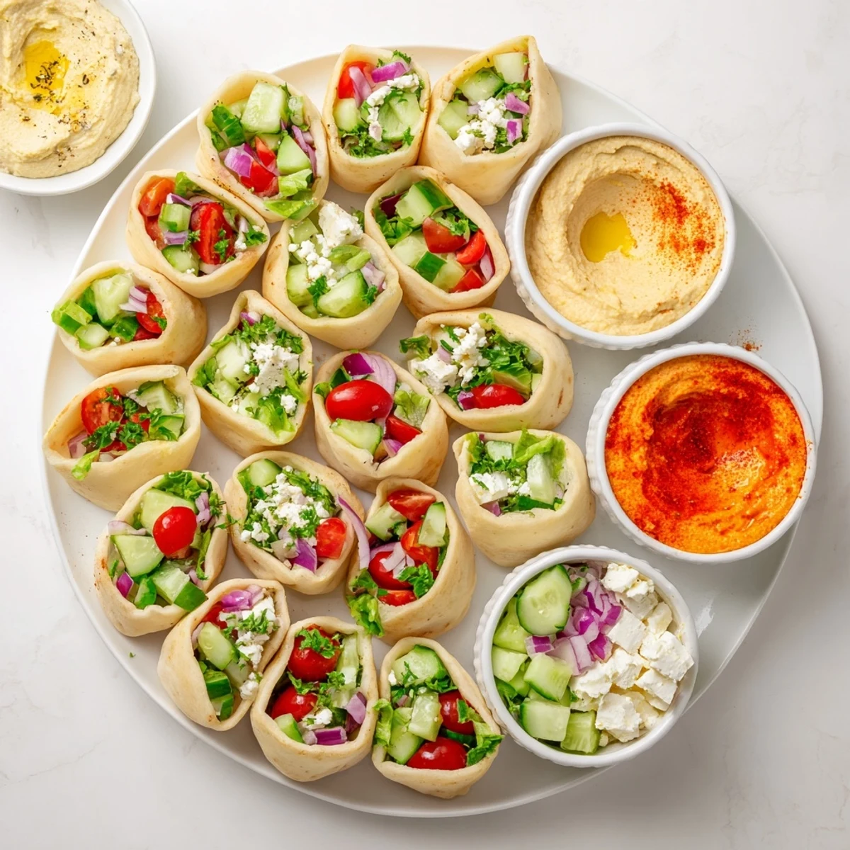 Delectable Savory Board featuring mini pita pockets, various toppings, and an array of hummus flavors for dipping.