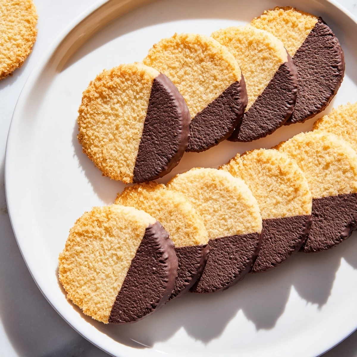 Melted chocolate coats half of each Simple Cookie vanilla wafer, ready for enjoying.