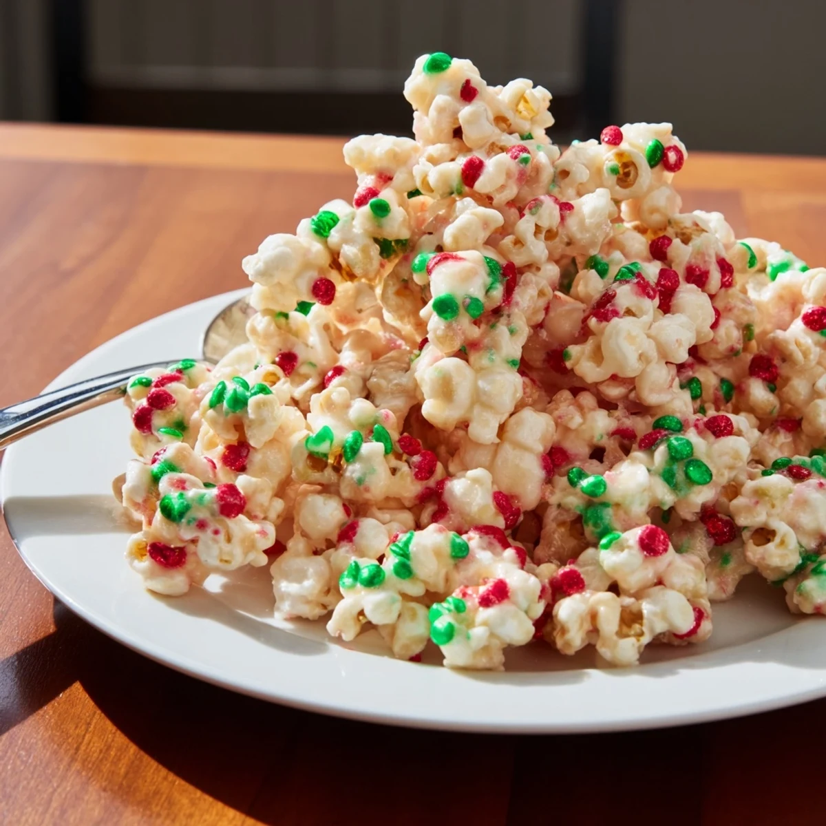 Delicious, homemade popcorn piles, sprinkled generously in red and green for a holiday treat.