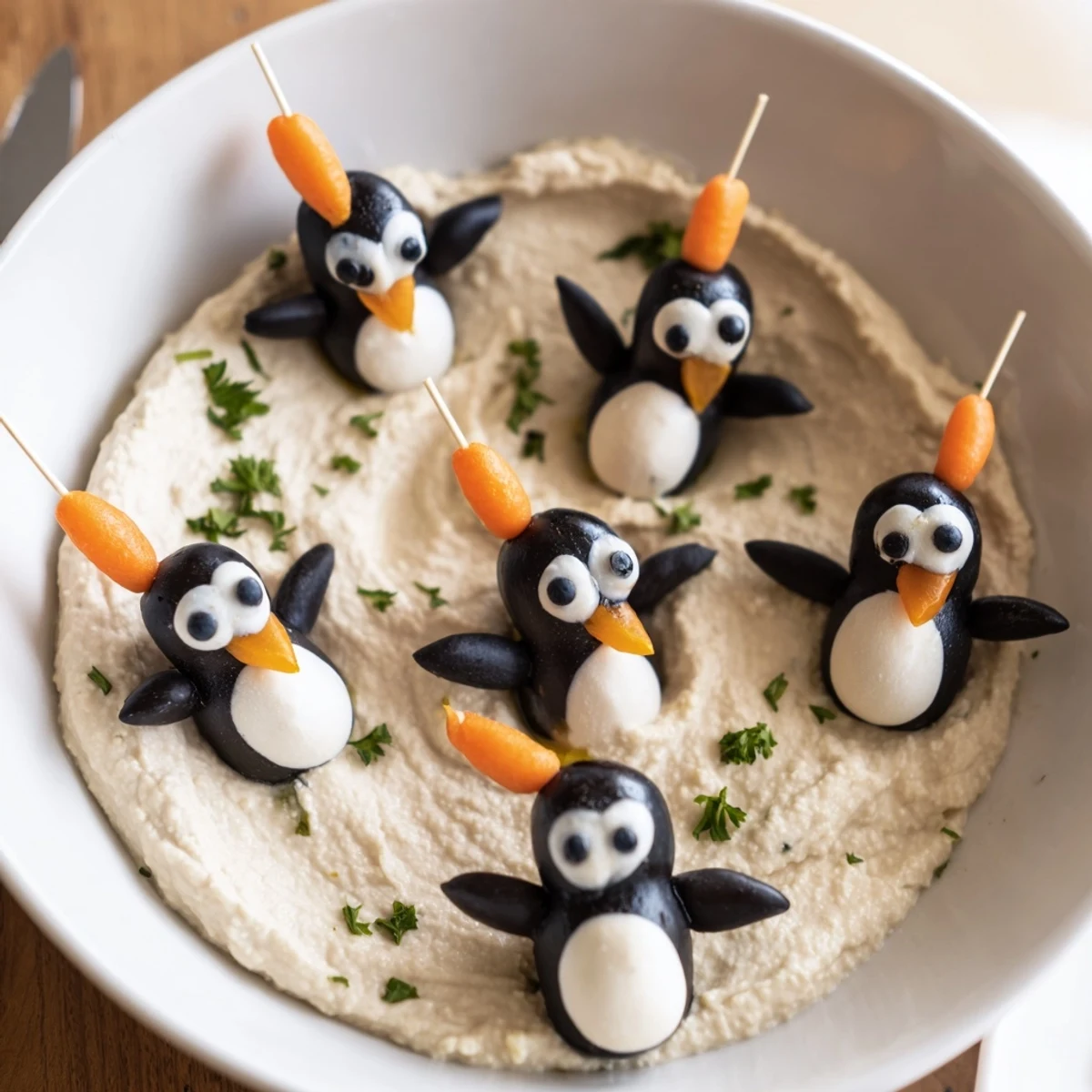 Creamy Winter White Bean Dip, beautifully arranged with adorable olive penguin decorations for your guests.
