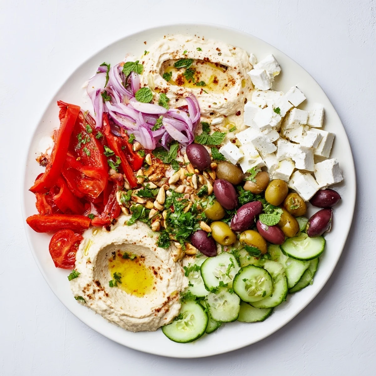 Inviting spread of a Mediterranean mezza platter with olives, vegetables, and pita bread.