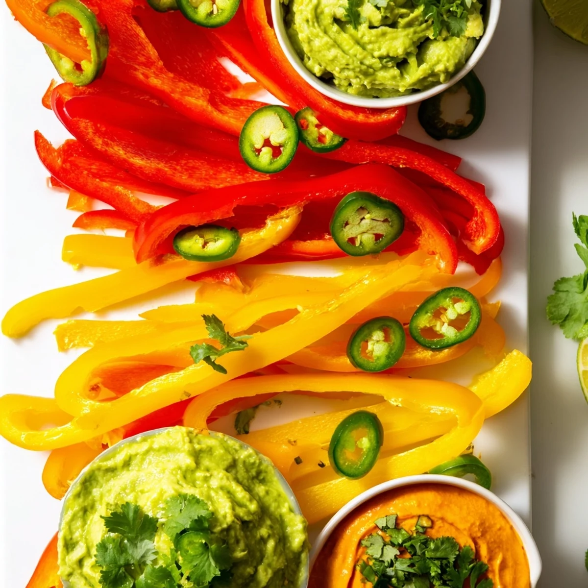 A colorful Spicy Chili Pepper Fiesta appetizer platter with peppers, dips, and chips, ready to enjoy.