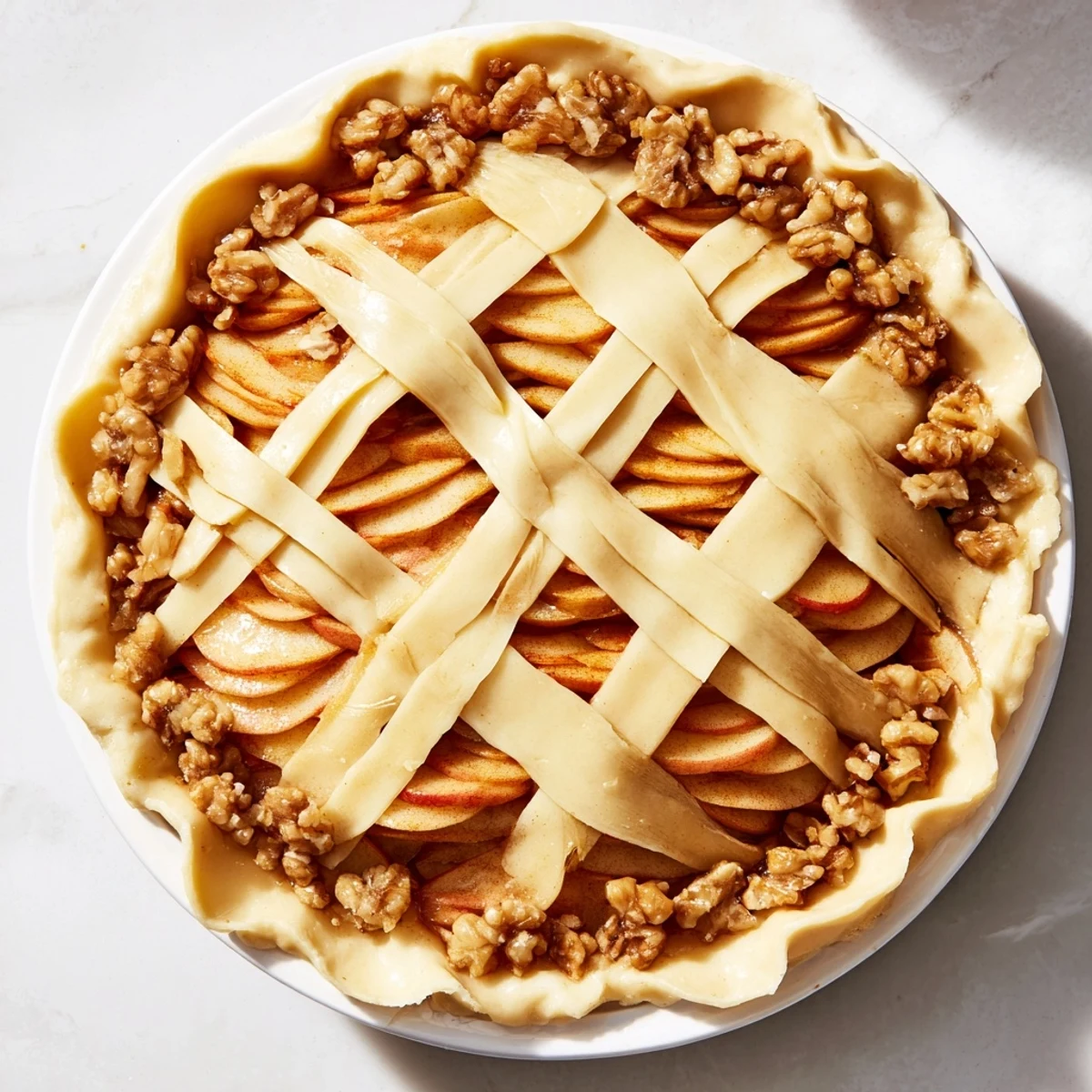A golden-brown Lattice Orchard dessert with intricately woven apples and sweet honey.