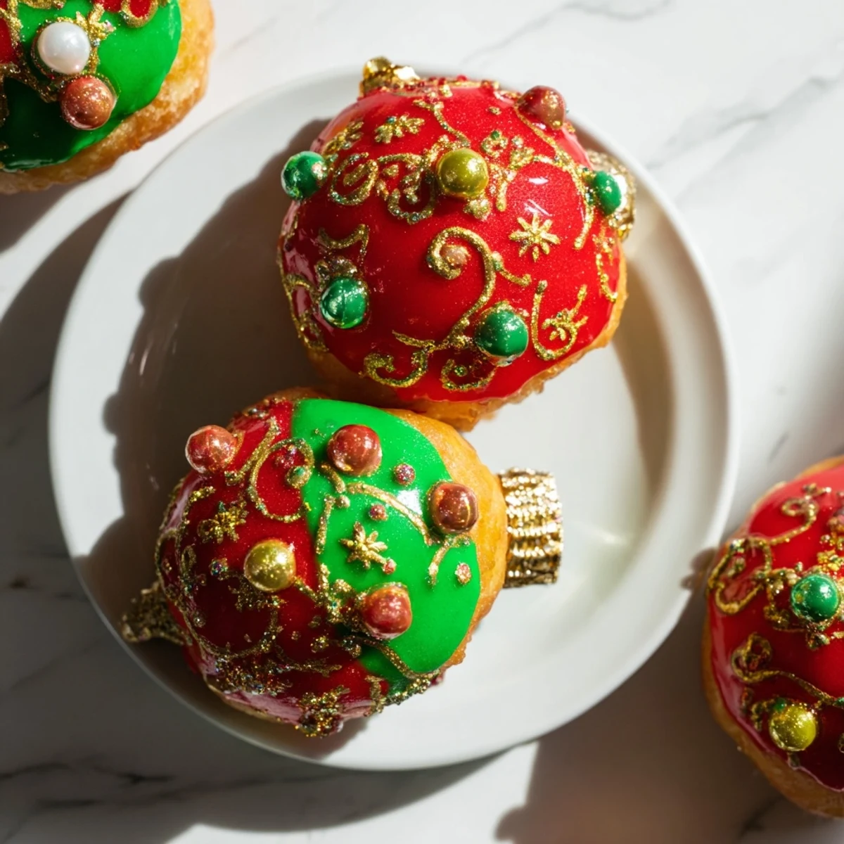 Golden, fried Christmas Ornament Beignets, glistening with colorful icing and festive sprinkles, ready to enjoy.