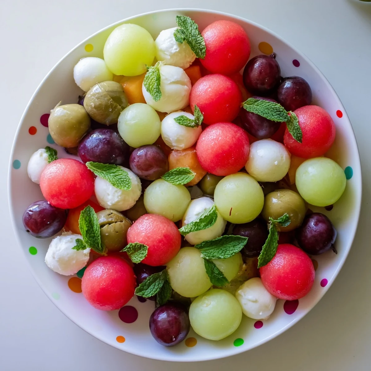 A vibrant polka dot platter appetizer with melon spheres and mozzarella, ready to serve at a party.