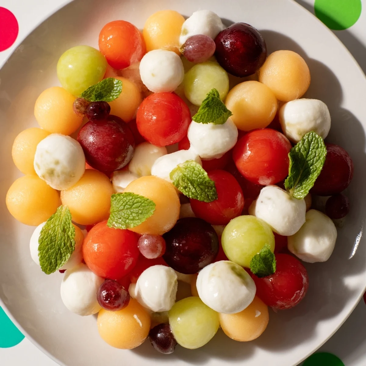 The colorful polka dot platter features glistening melon balls, grapes, and cheese, a delightful vegetarian snack.